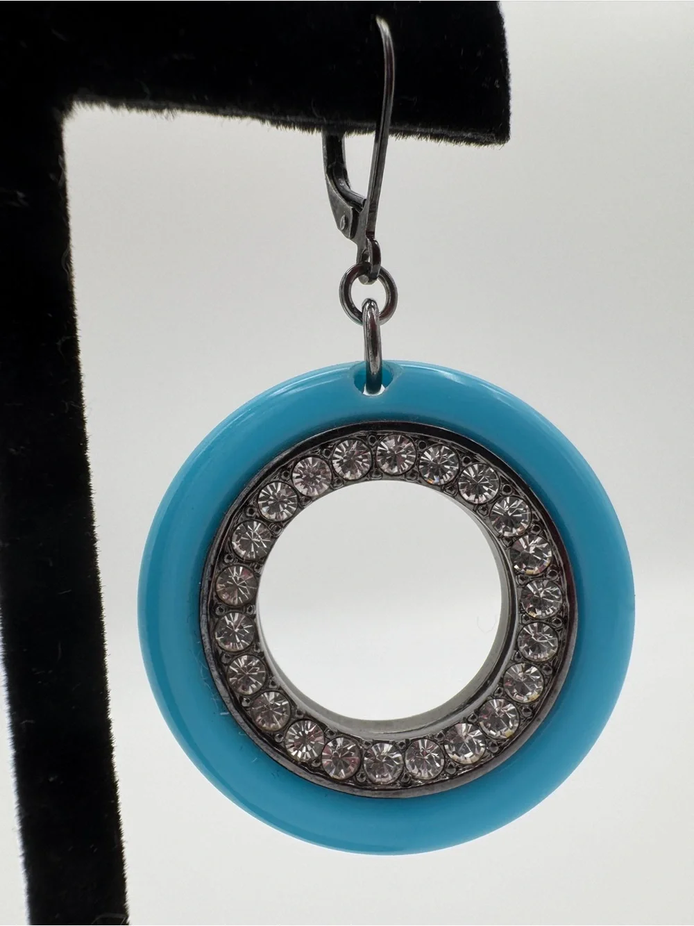 Vintage KJL Turquoise Hoop Earrings, Gunmetal Rhinestone Statement Jewelry - Picture 3 of 7